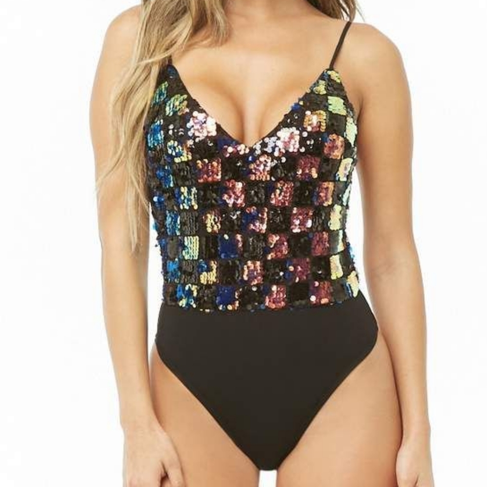 FOREVER 21 SEQUIN CHECKERED BODYSUIT